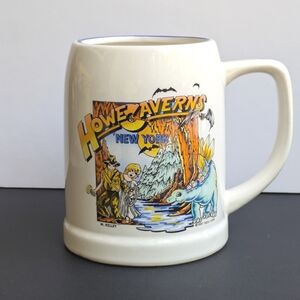 Vintage Howe Caverns New York White Ceramic Beer Mug 1980's Souvenir Dinosaur